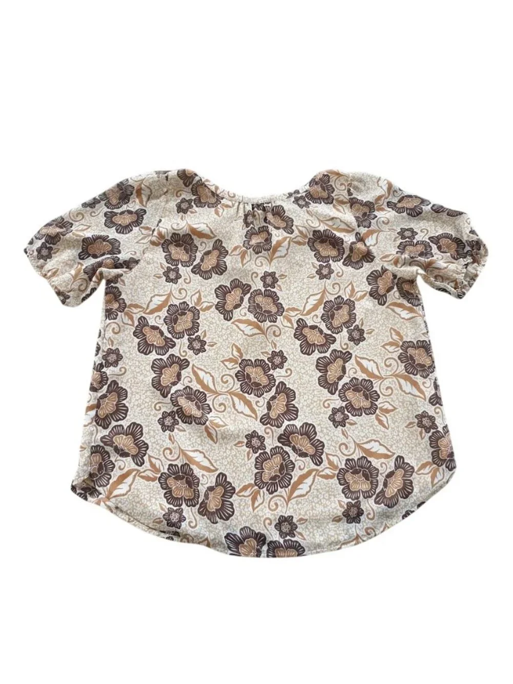 Loft Womens Floral Puff Sleeve Blouse Beige Brown Medium Lightweight V Neckline